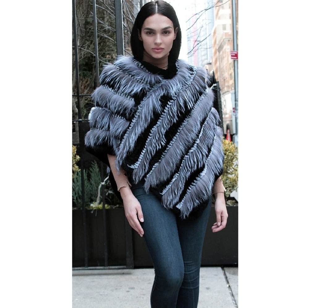 Silver Fox black Rex Rabbit Fur Poncho - Picture 2 of 4